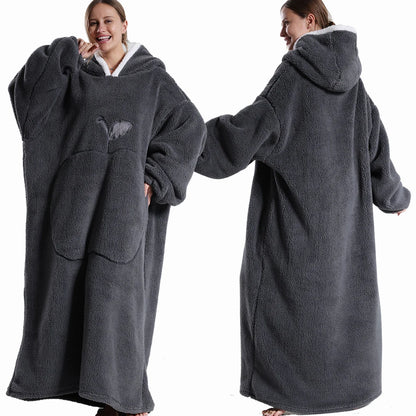 Winter Hooded Sweater Blanket Women Oversized Fleece Blanket With Sleeves Large Pocket Warm Thick Hoodie Robe Couple