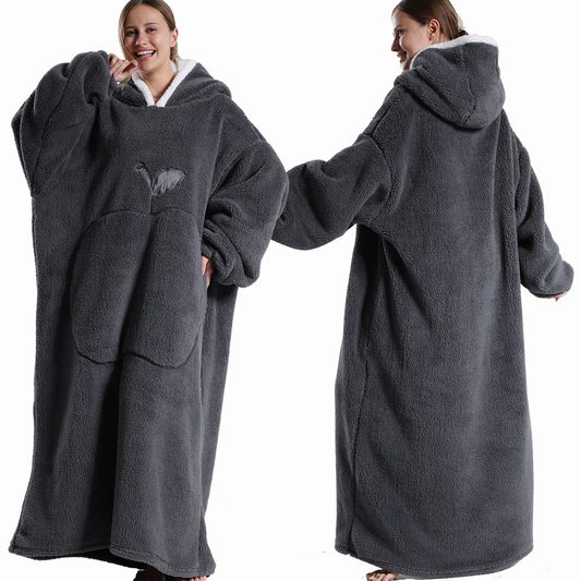 Winter Hooded Sweater Blanket Women Oversized Fleece Blanket With Sleeves Large Pocket Warm Thick Hoodie Robe Couple