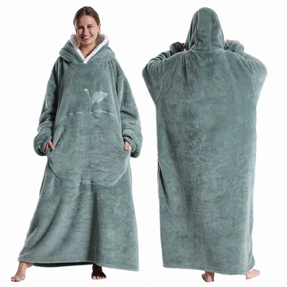 Winter Hooded Sweater Blanket Women Oversized Fleece Blanket With Sleeves Large Pocket Warm Thick Hoodie Robe Couple