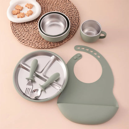 Kids 7PCS Stainless Steel & Silicone Feeding Set Sucker Dishes Plate Bowl BPA Free Toddler Bib Fork Spoon Cup Baby Stuff