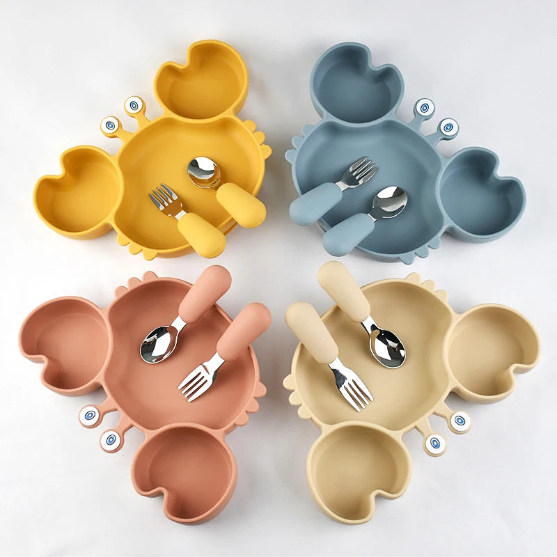 3Pcs/Set Baby Safe Silicone Dining Plate Food Feeding With Spoon Fork Cartoon Children Dishes Prevent Tipping Over And BPA Free