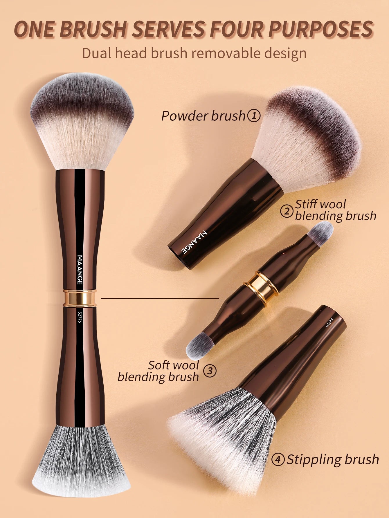 MAANGE 4 in 1 Assemble Makeup Brush Set Travel Makeup Brushes with Case Powder Brush, Foundation/Blush Brush, Eyeshadow Brush
