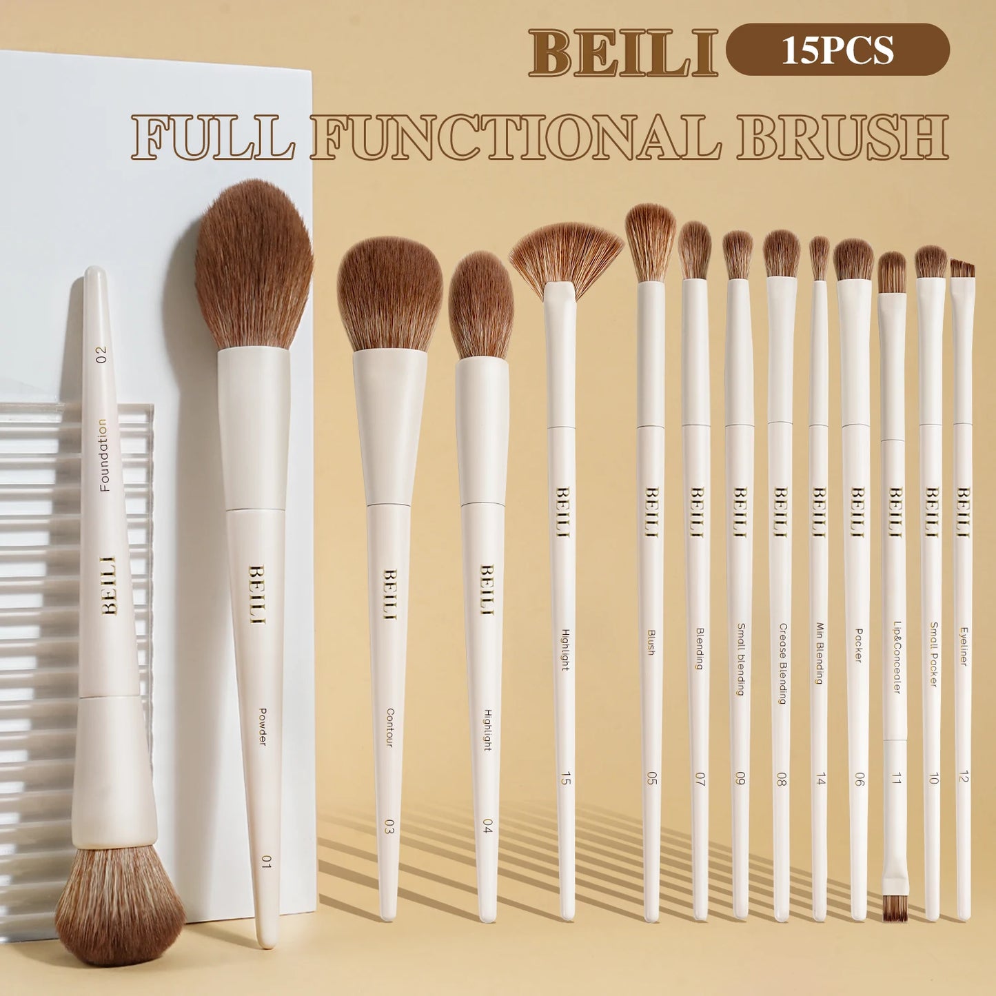 BEILI Professional Makeup Brush Set 15Pcs Beige Soft Hair Foundation Powder Blush Eyeshadow Contour Eyeliner Blush Cosmetics Kit
