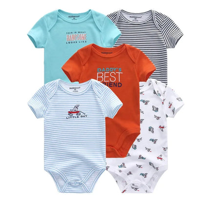 Kiddiezoom 5 Pcs Four Seasons Fashion Cartoon Short Sleeve Baby Boy Girl Bodysuits Soft 100%Cotton Newborn Onesies Clothes