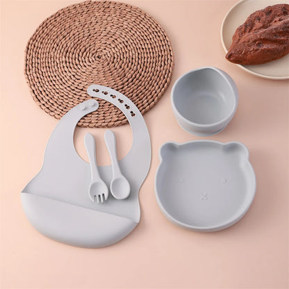 Kids 5PCS Food Grade Silicone Feeding Set Sucker Dishes Plate Self Feeding Bowl BPA Free Toddler Meal Essentials
