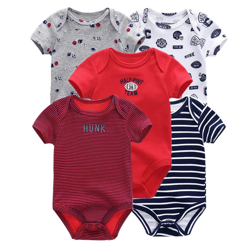Kiddiezoom 5 Pcs Four Seasons Fashion Cartoon Short Sleeve Baby Boy Girl Bodysuits Soft 100%Cotton Newborn Onesies Clothes