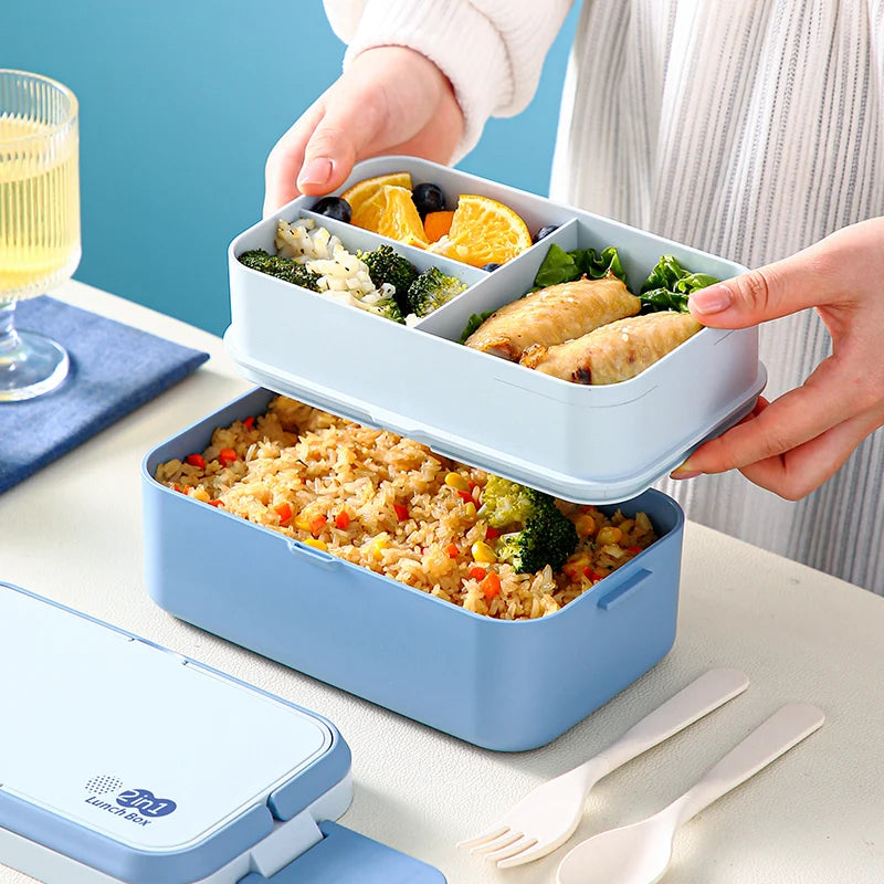 2in1 Bento Box,2 Layer Lunch Box for Adult Kids, 63oz Stackable Lunch Container with Spoons & forks,Leak Proof,Microwave Safe