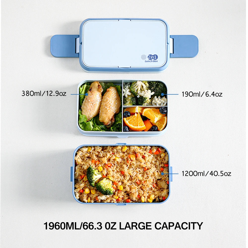 2in1 Bento Box,2 Layer Lunch Box for Adult Kids, 63oz Stackable Lunch Container with Spoons & forks,Leak Proof,Microwave Safe