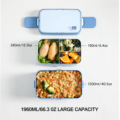 2in1 Bento Box,2 Layer Lunch Box for Adult Kids, 63oz Stackable Lunch Container with Spoons & forks,Leak Proof,Microwave Safe