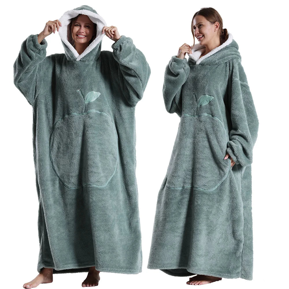 New Warm Wearable Blanket Winter Sweatshirt Oversized Flannel Sherpa Long Hoodie for Adults