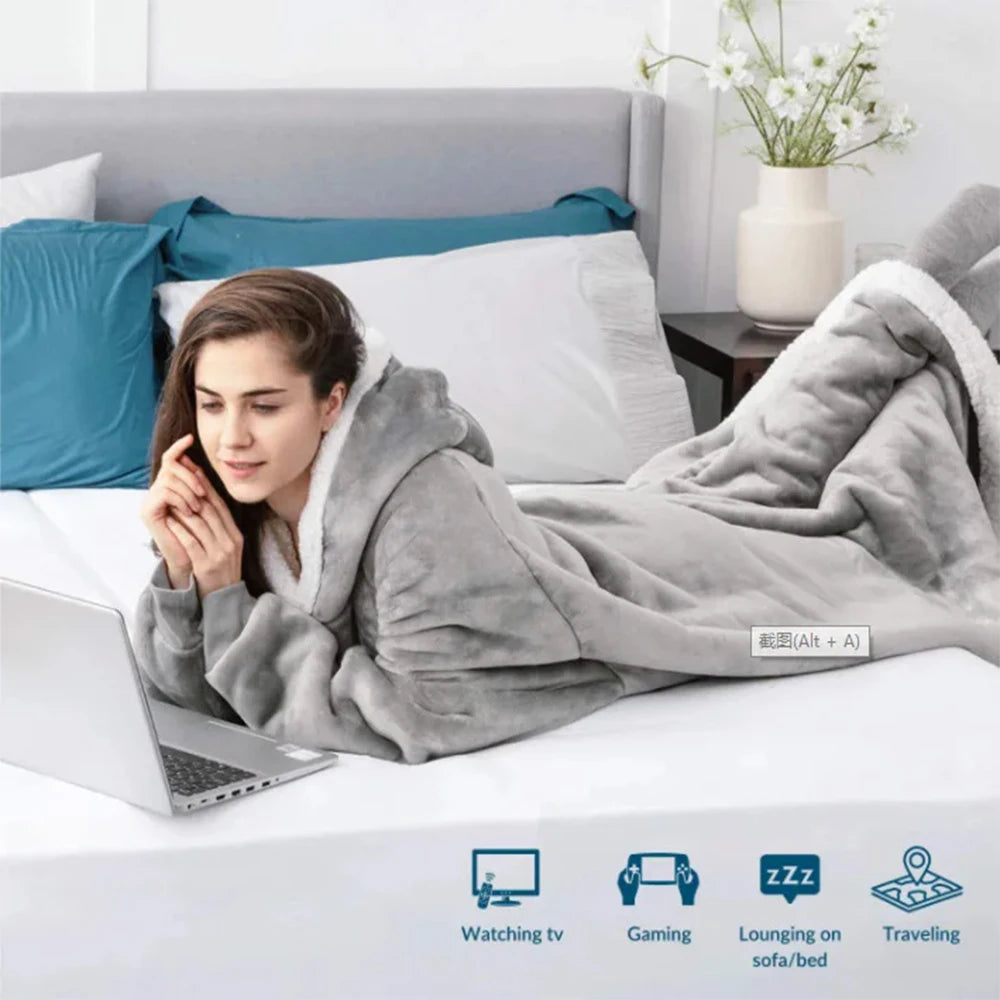 180cm Super Long Flannel Blanket Pyjamas with Sleeves Winter Hoodies Sweatshirt Women Men Pullover Fleece Giant Oversized Outdoor