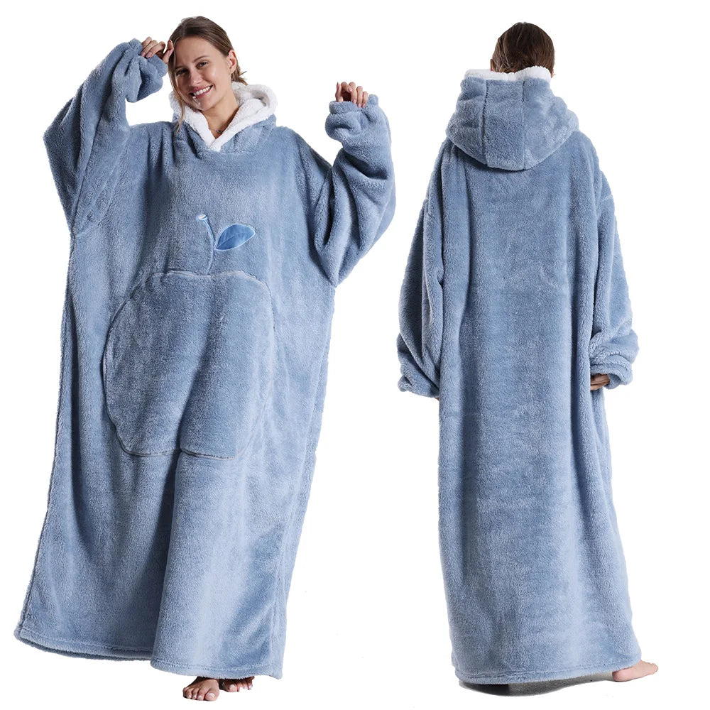New Warm Wearable Blanket Winter Sweatshirt Oversized Flannel Sherpa Long Hoodie for Adults