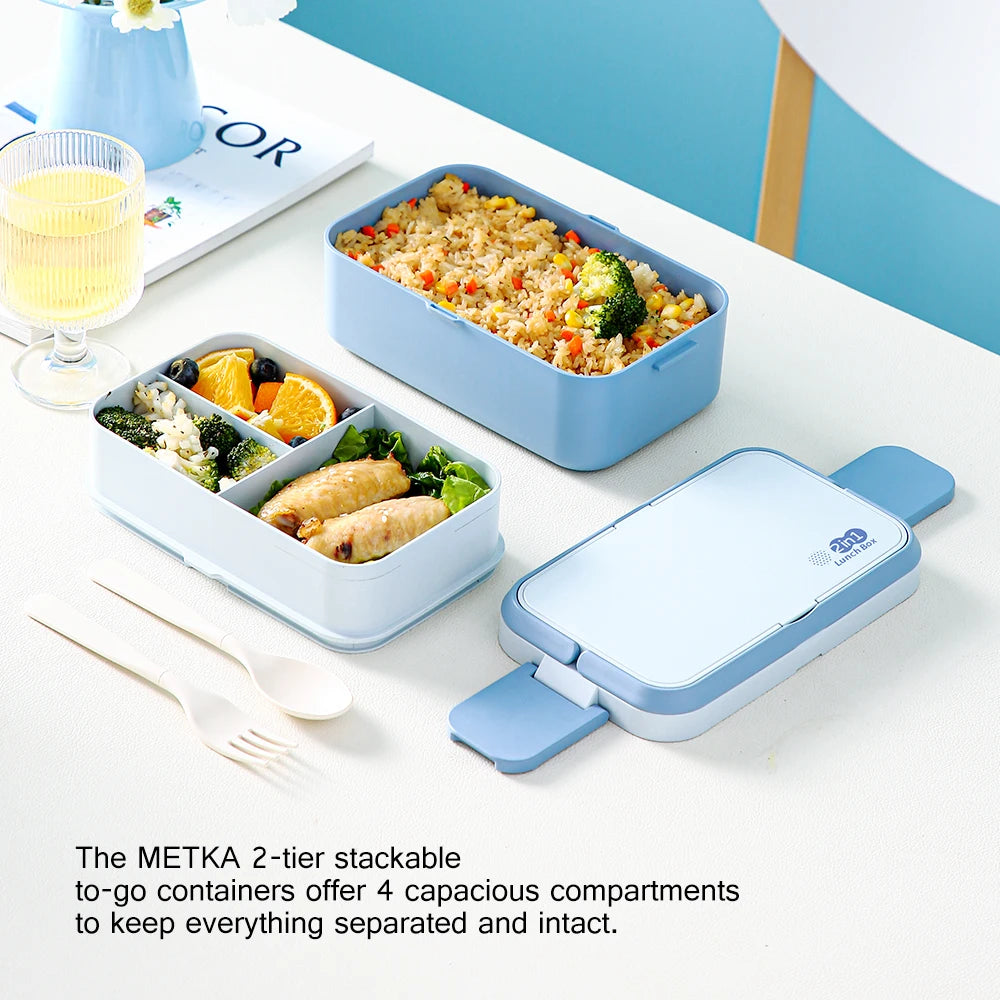 2in1 Bento Box,2 Layer Lunch Box for Adult Kids, 63oz Stackable Lunch Container with Spoons & forks,Leak Proof,Microwave Safe