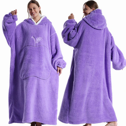 Winter Hooded Sweater Blanket Women Oversized Fleece Blanket With Sleeves Large Pocket Warm Thick Hoodie Robe Couple