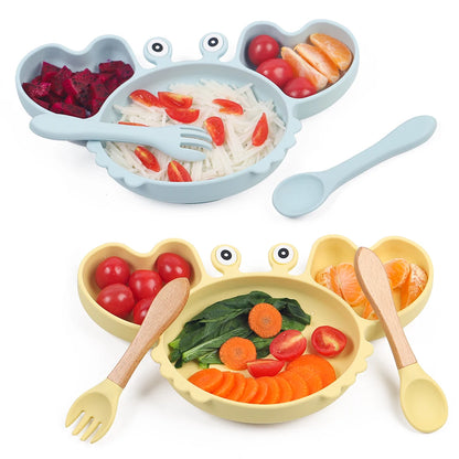 9Pcs Baby Silicone non-Slip Suction Bowl Plate Spoon Waterproof Bib Cup Set Baby Crab Dishes Food Feeding Bowl for Kids BPA Free