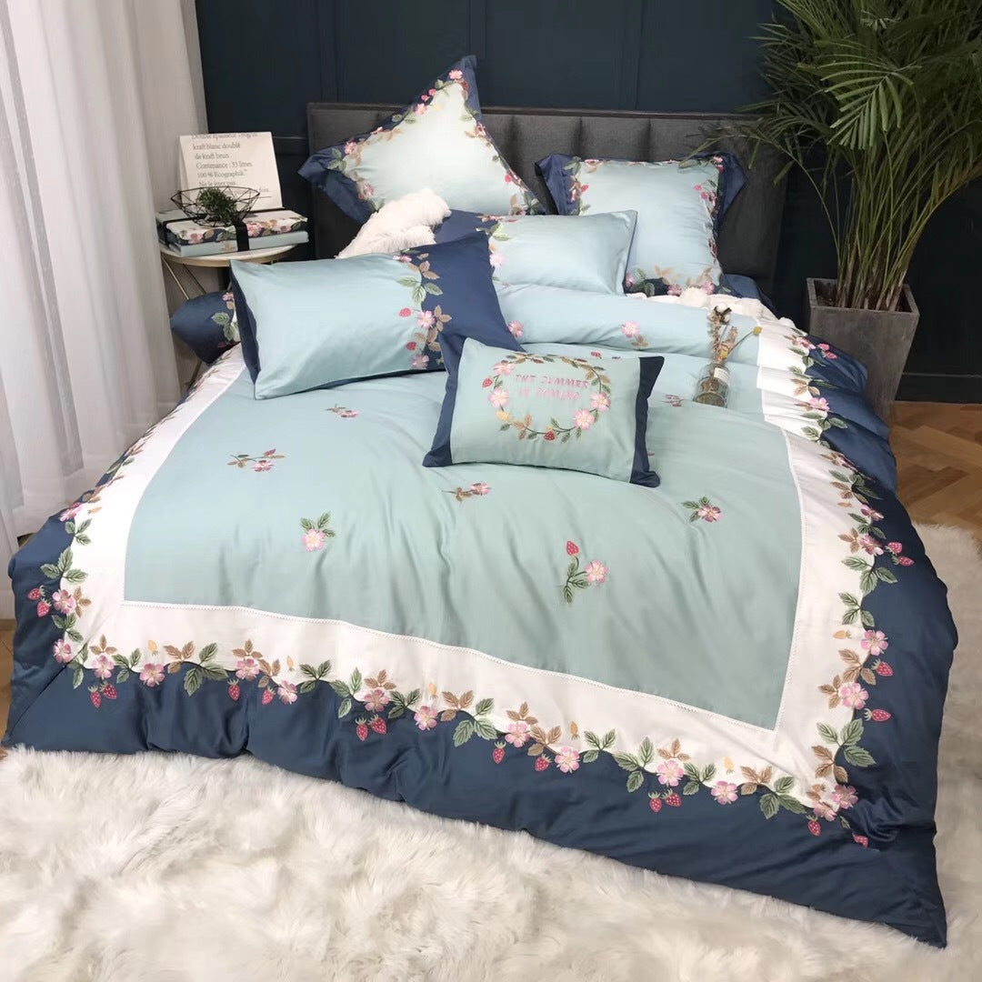 Four-piece Floral Embroidery Strawberry Quilt Cover