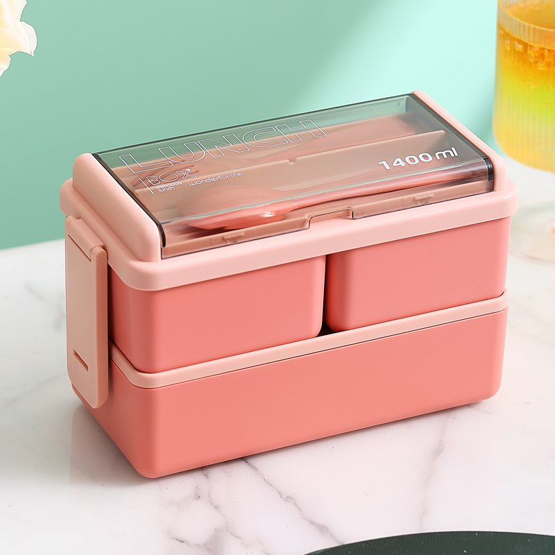 Plastic Lunch Box Microwavable Lunch Box Set Double Layer Divider With Cutlery
