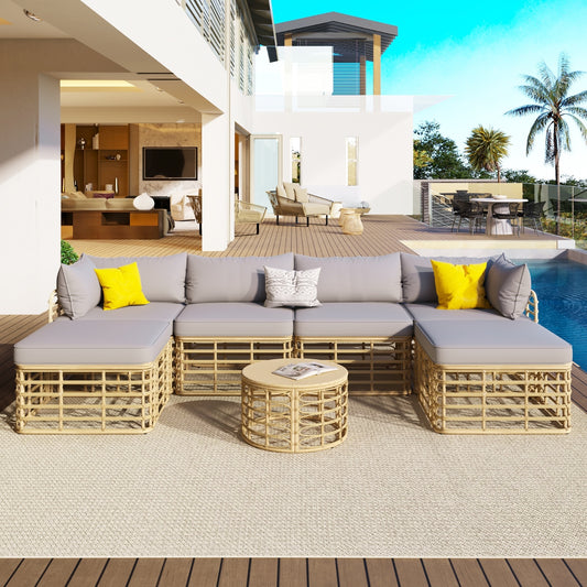 7 Pieces Outdoor Patio Furniture, All-Weather Rattan Sectional Sofa Set With Thick Cushions