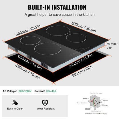 VEVOR Built In Electric Stove Top, 20 X 11.6 Inch 2 Burners, 240V Glass Radiant Cooktop With Sensor Touch Control, Timer & Child Lock Included, 9 Power Levels For Simmer Steam Slow Cook Fry
