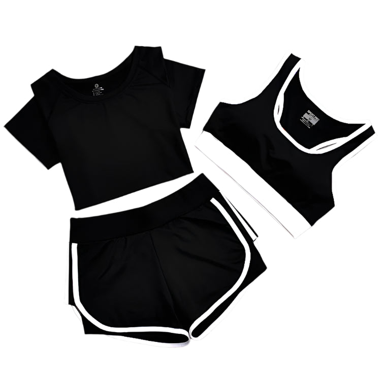 A set of yoga clothes consisting of a sports bra, a t-shirt, and a short pant. The sports bra has white straps and a black center, the t-shirt is primarily black with white straps short sleeves, and the leggings are black with white accents.