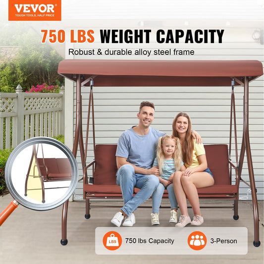 VEVOR 3-Seat Patio Swing Chair, Converting Canopy Swing, Outdoor Patio Porch With Adjustable Canopy, Removable Thick Cushion And Alloy Steel Frame, For Balcony, Backyard, Poolside, Brown