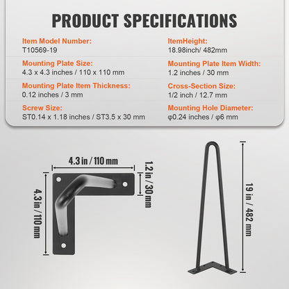 VEVOR Hairpin Furniture Legs, Metal Home DIY Projects For Nightstand, Coffee Table, Desk, 500lbs Load Capacity With Rubber Floor Protectors, Metal Heavy Duty Sturdy Modern Table Legs, 4PCS Black