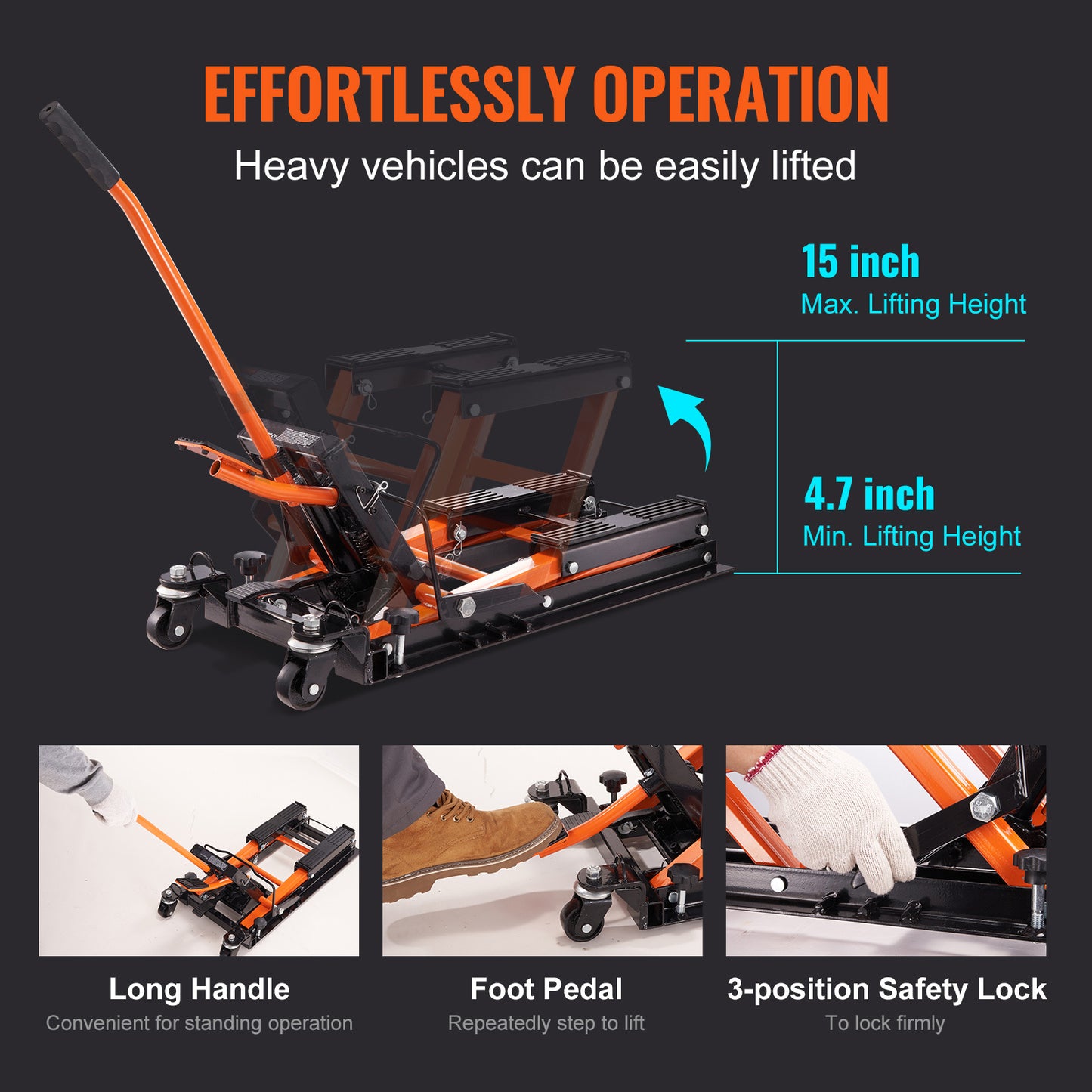 VEVOR Steel Hydraulic Motorcycle Jack Stand, 1500 LBS ATV Scissor Lift Jack, Scissor Lift Jack Stand With 4 Wheels, Hydraulic Foot-Operated Hoist Stand For Motorcycle ATV UTV Powersports