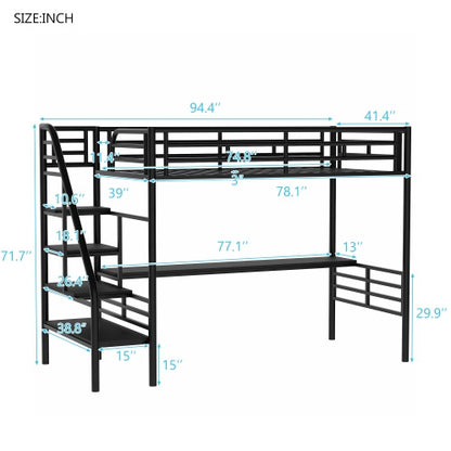 Metal Loft Bed Frame With Desk, No Box Spring Needed,Twin ,Black