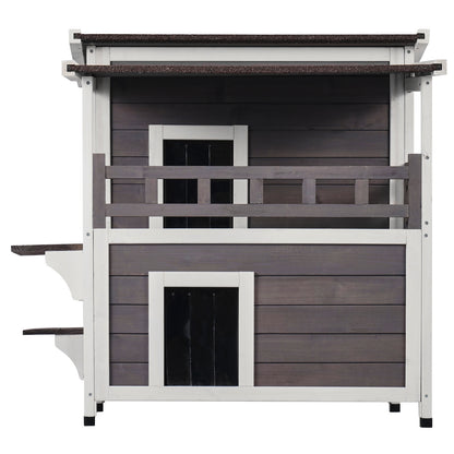 VEVOR Outdoor Cat House 2-story Wooden Feral Cat Shelter With  Balcony & Roof