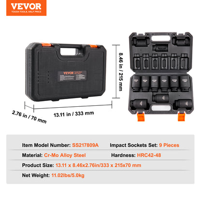 VEVOR Drive Impact Socket Set, 9 Piece Deep Socket Set Metric 29-38mm, 6 Point Cr-Mo Alloy Steel For Auto Repair, Easy-to-Read Size Markings, Rugged Construction, Includes Storage Case