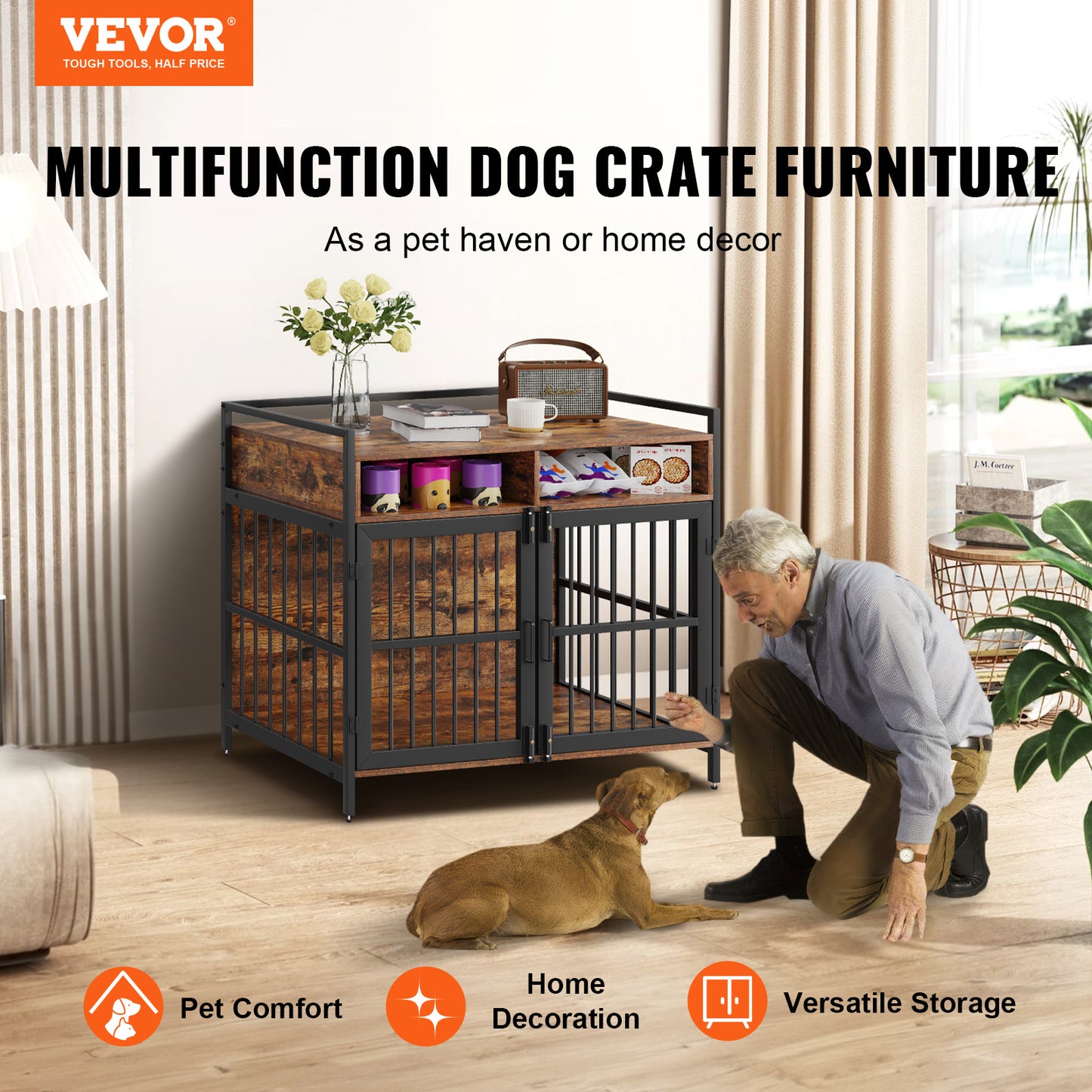 VEVOR Furniture Style Dog Crate With Storage, 41 Inch Dog Crate Furniture Large Breed With Double Doors, Wooden Dog Cage For Large Medium Dog Indoor, Hold Up To 70 Lbs, Rustic Brown