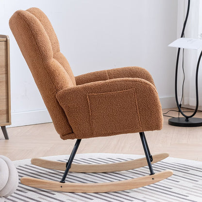 Rocking Chair With Pocket, Soft Teddy Fabric Rocking Chair For Nursery, Comfy Wingback Golider Rocking Chair With Safe Solid Wood Base For Living Room Bedroom Balcony Cannot Be Sold On Temu