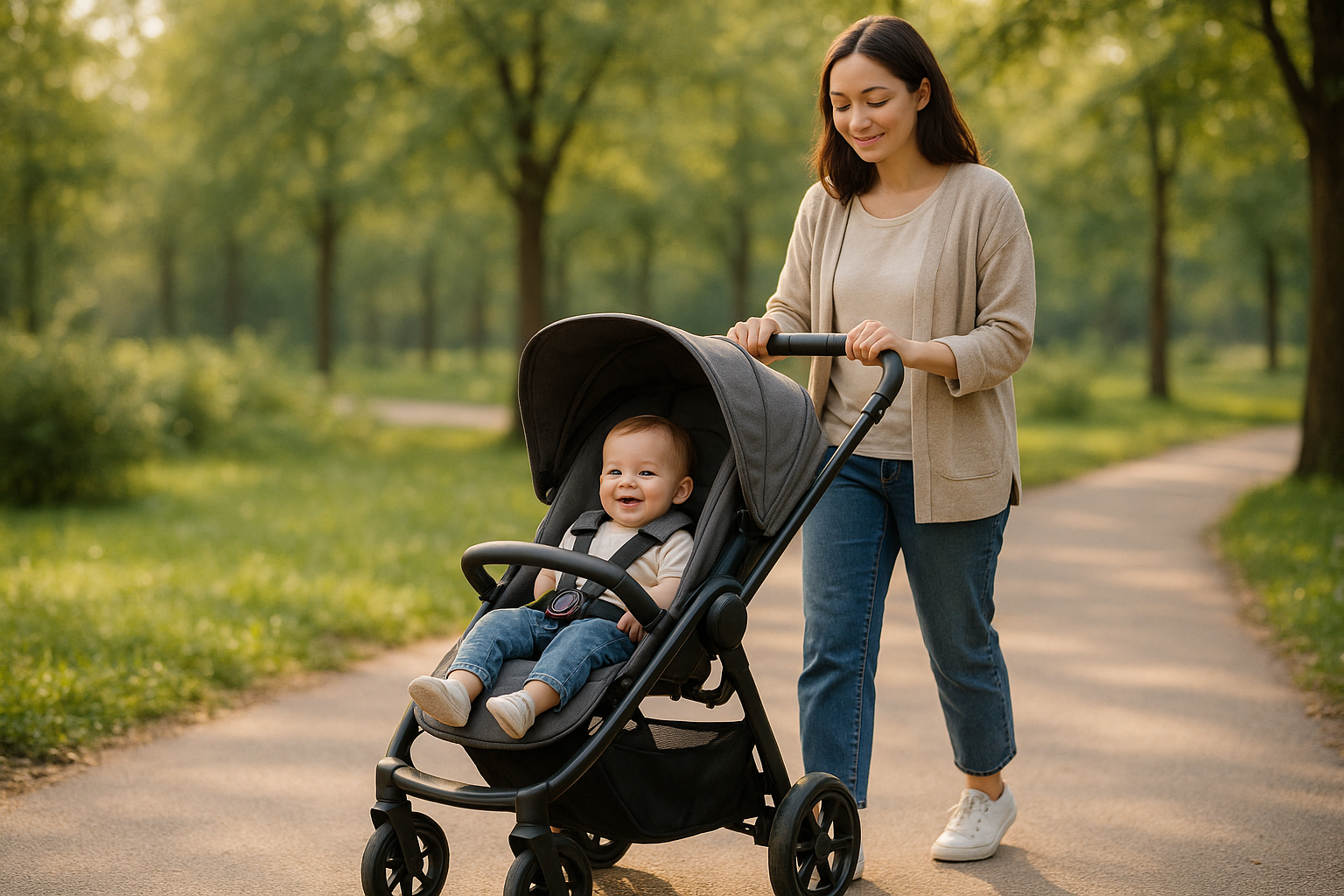 baby stroller with baby in it and pushing by a lady