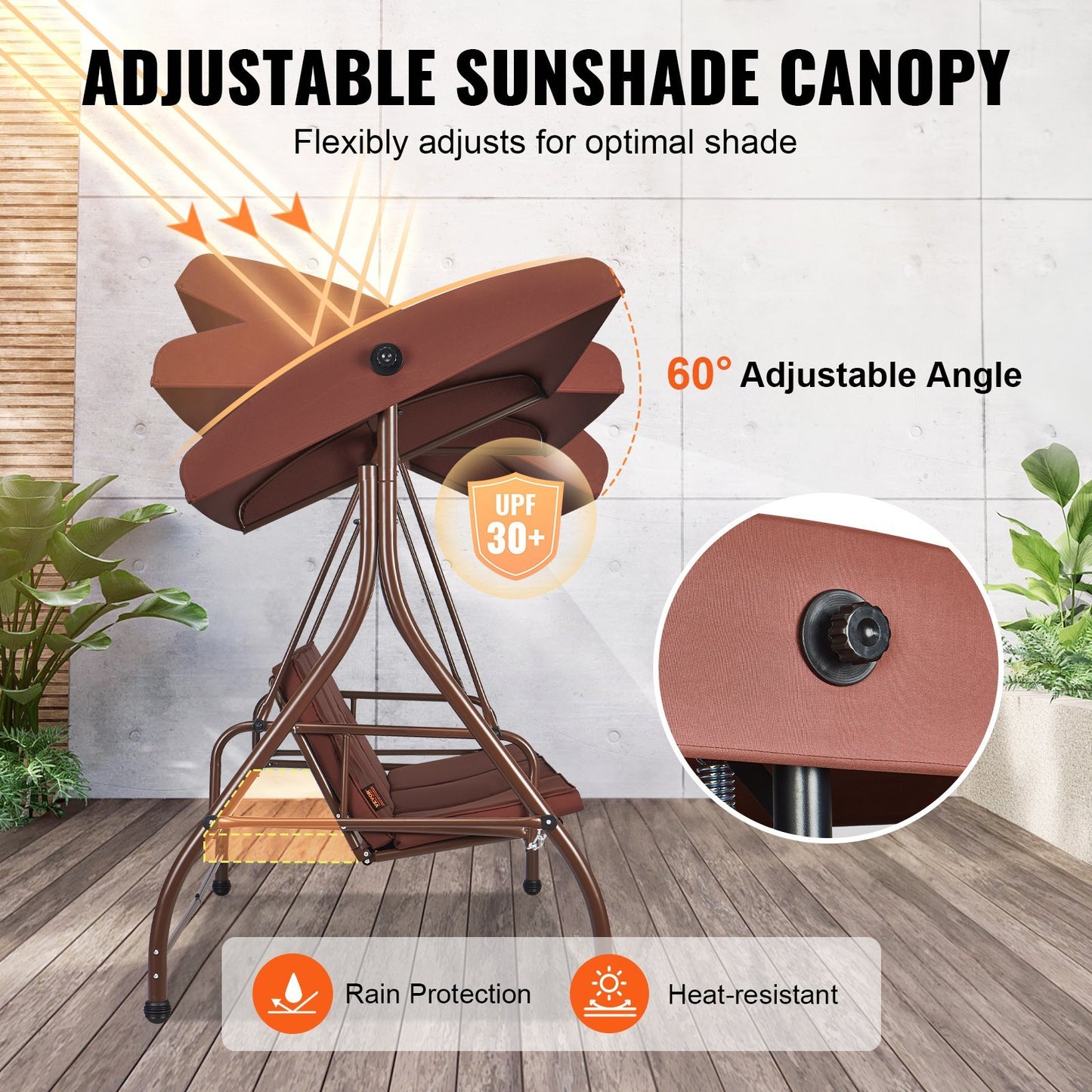 VEVOR 3-Seat Patio Swing Chair, Converting Canopy Swing, Outdoor Patio Porch With Adjustable Canopy, Removable Thick Cushion And Alloy Steel Frame, For Balcony, Backyard, Poolside, Brown