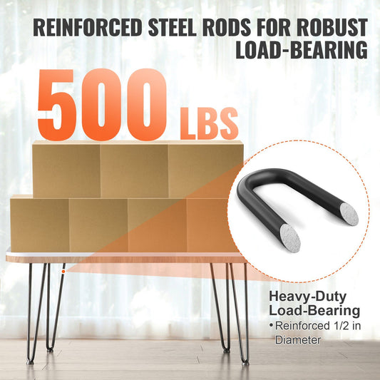 VEVOR Hairpin Furniture Legs, Metal Home DIY Projects For Nightstand, Coffee Table, Desk, 500lbs Load Capacity With Rubber Floor Protectors, Metal Heavy Duty Sturdy Modern Table Legs, 4PCS Black