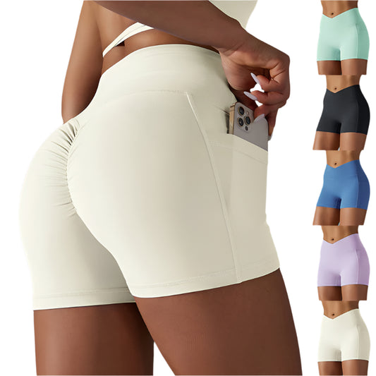 A collage of images displaying yoga shorts with a phone pocket in various solid colors worn by a model.