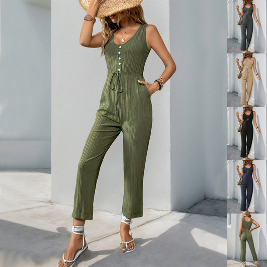 Sleeveless Summer Jumpsuit With Belt And Pockets
