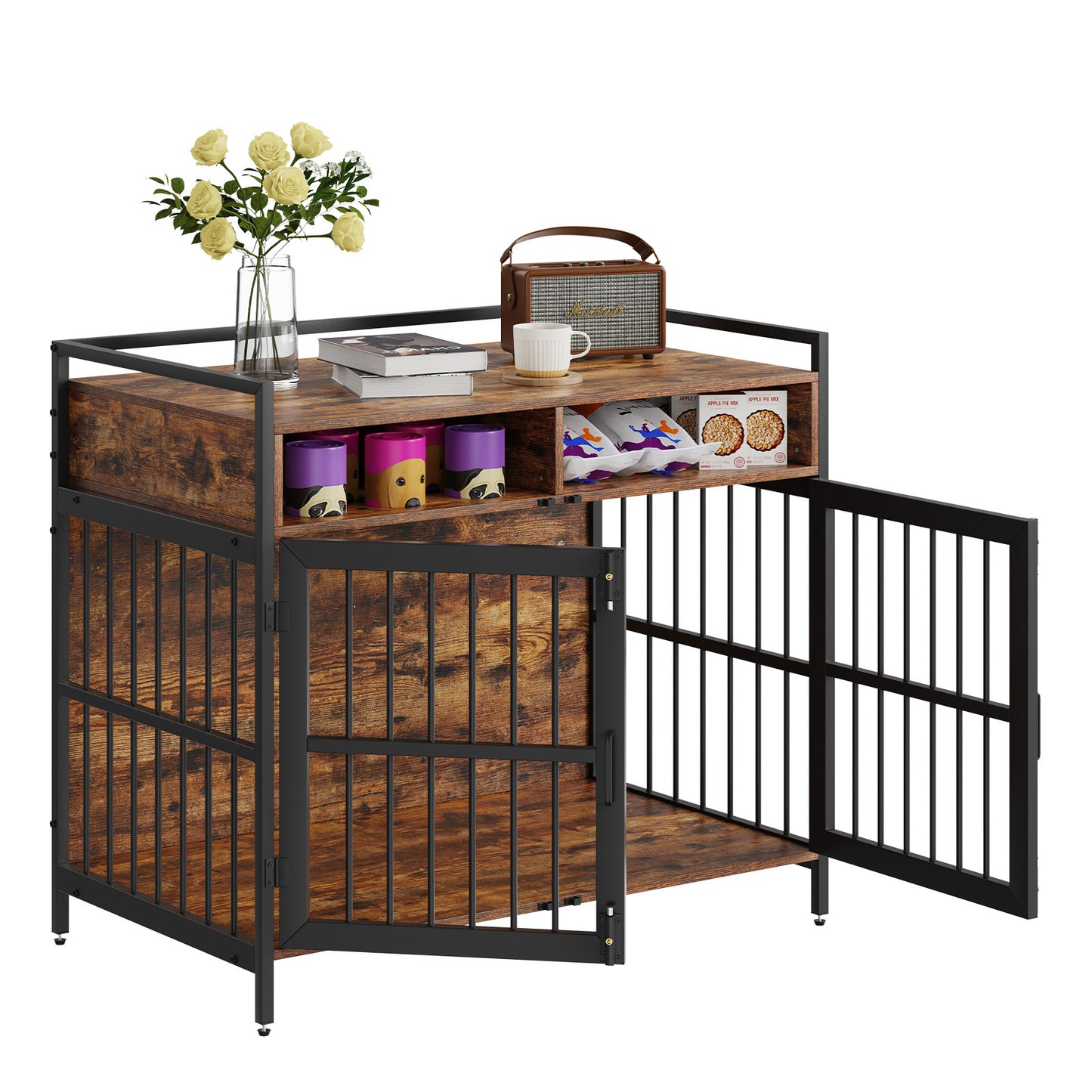 VEVOR Furniture Style Dog Crate With Storage, 41 Inch Dog Crate Furniture Large Breed With Double Doors, Wooden Dog Cage For Large Medium Dog Indoor, Hold Up To 70 Lbs, Rustic Brown