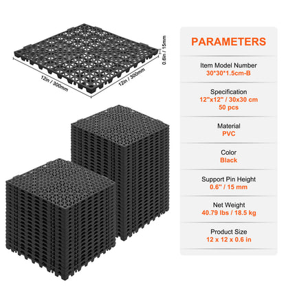 VEVOR Interlocking Tile 50PCS Black, Drainage Tiles Splicing, Soft PVC Interlocking Drainage Floor Tiles, Non-Slip Drainage Holes For Restroom, Bathroom, Kitchen, Pool, Wet Areas
