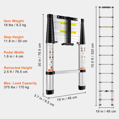 VEVOR Telescoping Ladder Aluminum Extension Step 10.5 Ft Multi-purpose Portable