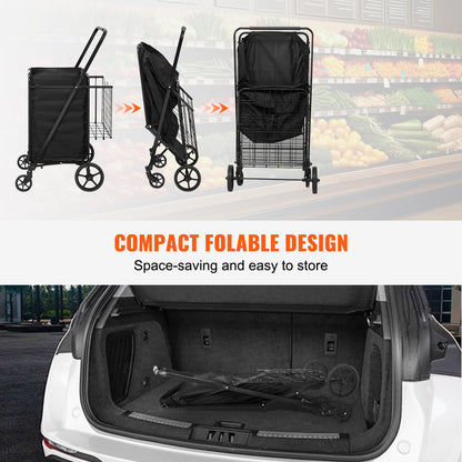 VEVOR Folding Shopping Cart With Removable Waterproof Liner, 330LBS Large Capacity Jumbo Grocery Cart With Dual Basket,  Swivel Wheels, Dense Metal Mesh Base, Heavy Duty Utility Cart For Shopping