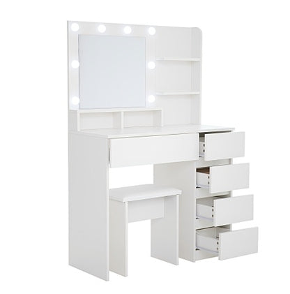 Makeup Vanity Desk Set With Mirror & Light, Dressing Table Storage Lots With Power Strip, 3 Lighting Modes With Adjustable Brightness, 37 Inches White With Stool