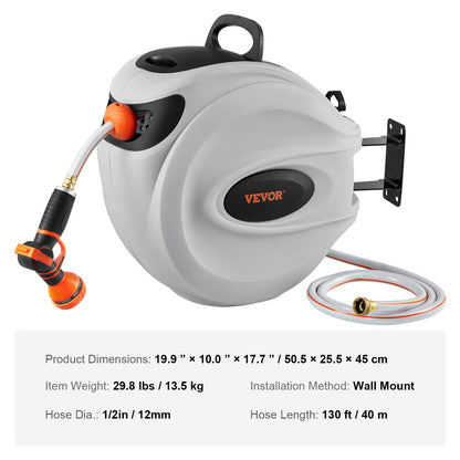VEVOR Retractable Hose Reel Water Hose Reel 130inch Swivel Wall-Mounted