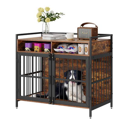 VEVOR Furniture Style Dog Crate With Storage, 41 Inch Dog Crate Furniture Large Breed With Double Doors, Wooden Dog Cage For Large Medium Dog Indoor, Hold Up To 70 Lbs, Rustic Brown
