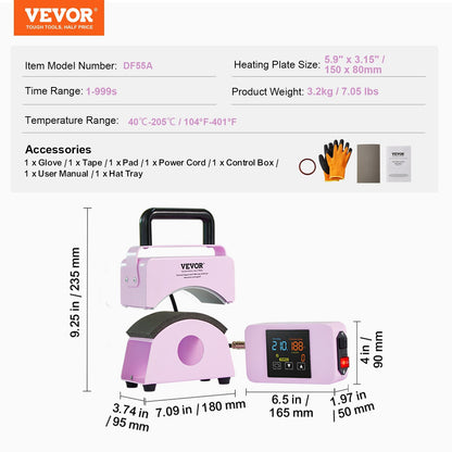 VEVOR Hat Press Machine Mini Hat Heat Press For Caps 5.9x3.15 Inch Plate Purple