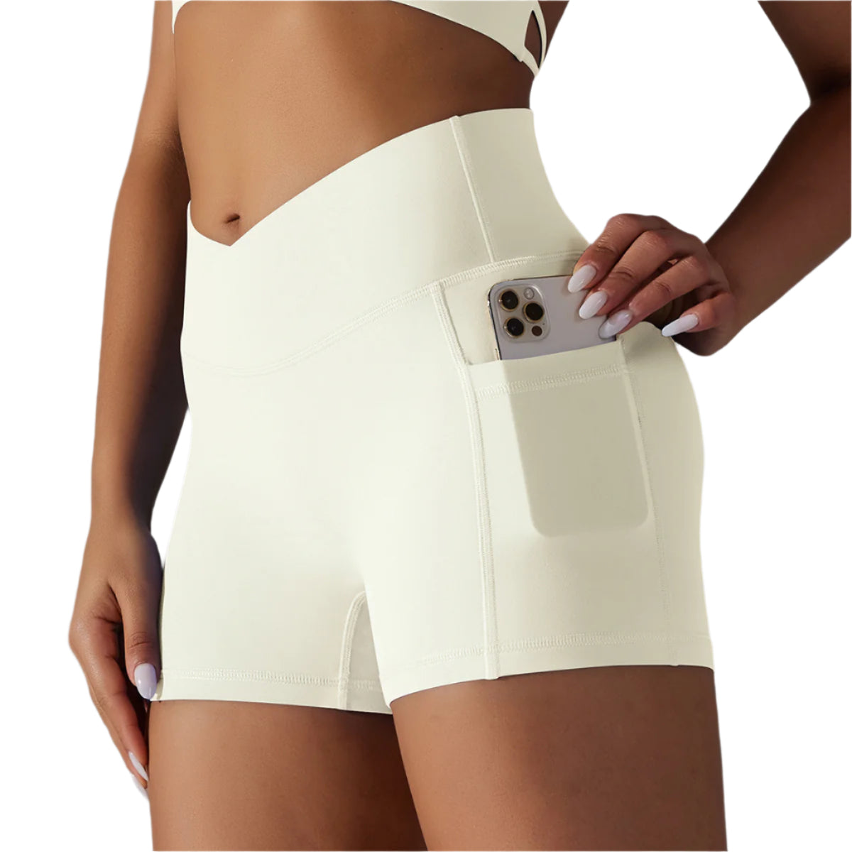 A collage of images displaying yoga shorts with a phone pocket in various solid colors worn by a model.