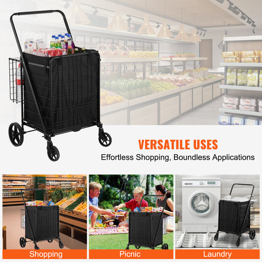VEVOR Folding Shopping Cart With Removable Waterproof Liner, 330LBS Large Capacity Jumbo Grocery Cart With Dual Basket,  Swivel Wheels, Dense Metal Mesh Base, Heavy Duty Utility Cart For Shopping