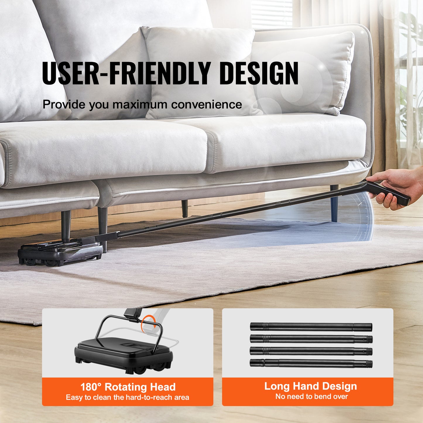 VEVOR Carpet Sweeper, 7.87 In Sweeping Paths, Floor Sweeper Manual Non Electric, 300 Ml Dustbin Capacity With Comb For Home Office Rugs Hardwood Surfaces Wood Floors Laminate, Cleans Dust Pet Hair