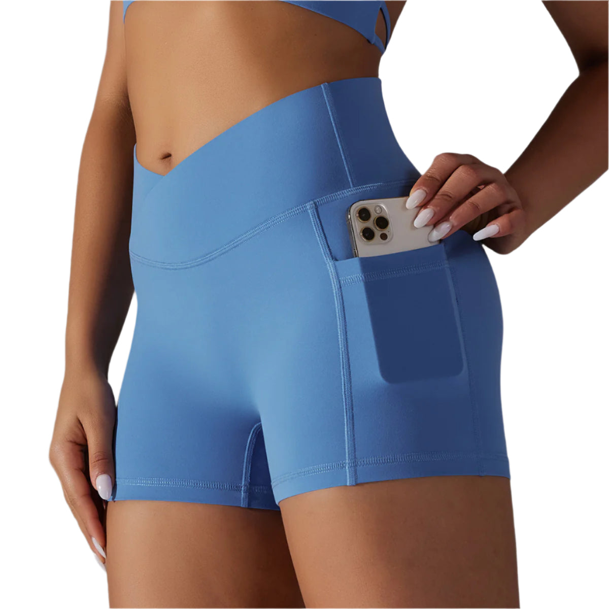 A collage of images displaying yoga shorts with a phone pocket in various solid colors worn by a model.