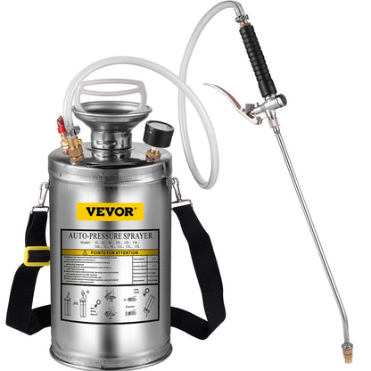 VEVOR 1.5Gal Stainless Steel Sprayer, 3.3FT Reinforced Hose, Hand Sprayer With Pressure Gauge Safety Valve, Adjustable Nozzle Suitable For Gardening  Sanitizing